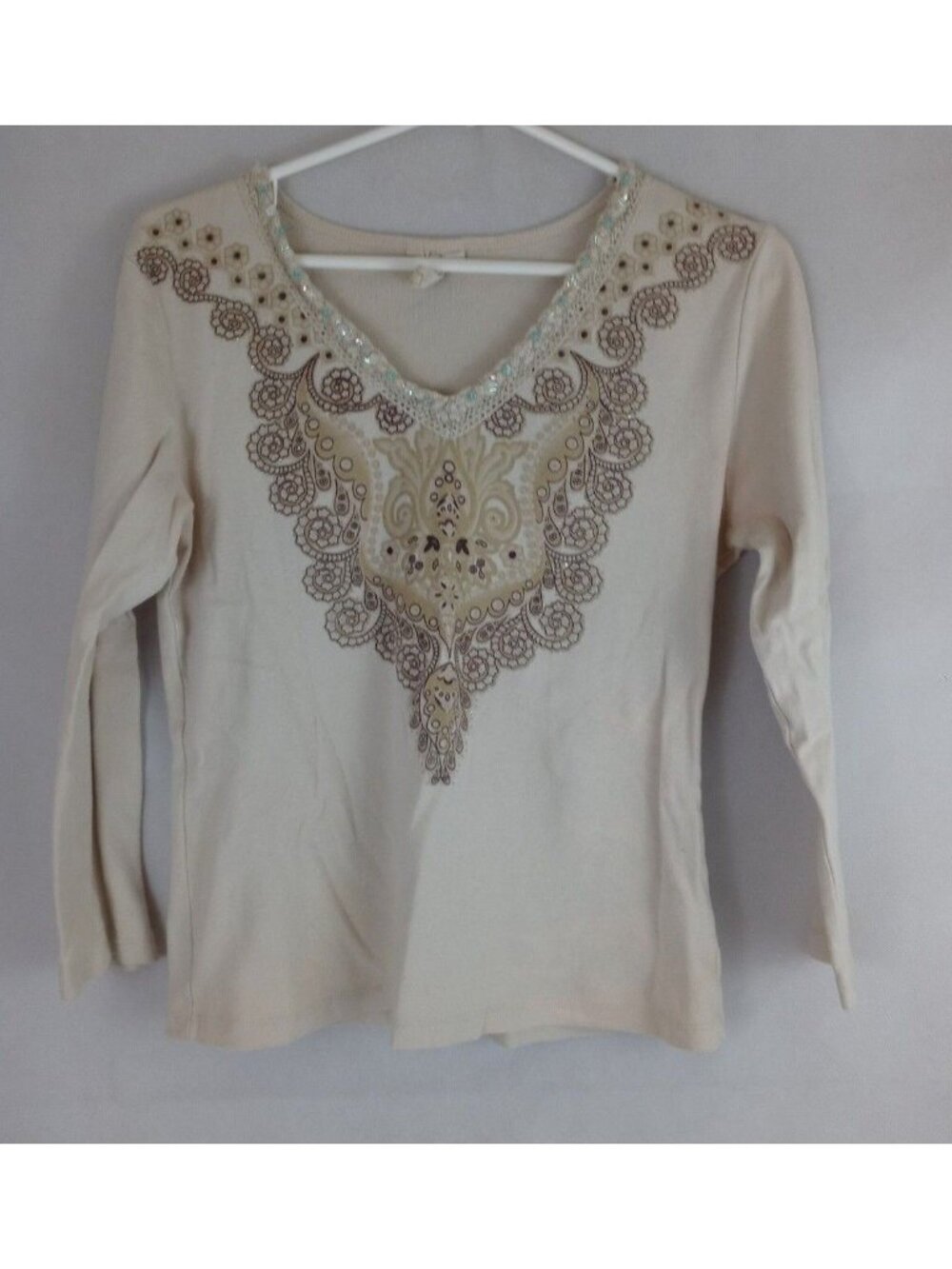 Susan Lawrence Women's Floral Beaded Cream Shirt Size Large